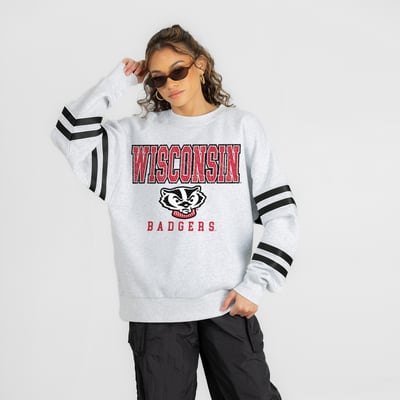 Wisconsin Badgers Gameday Couture Women's  Stadium Stripes Oversized Fleece Sweatshirt - Ash