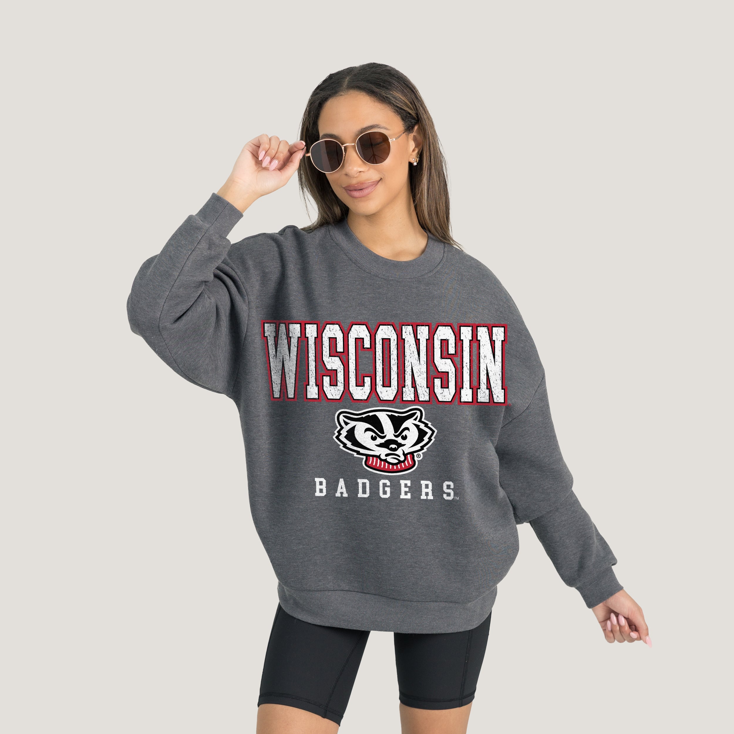 Wisconsin Badgers Gameday Couture Women's Oversized Distressed Fleece Pullover Sweatshirt - Heather Charcoal