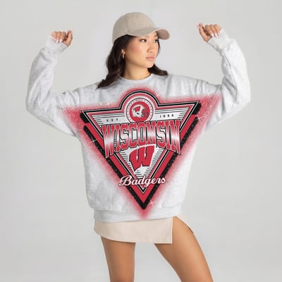 Wisconsin Badgers Gameday Couture Women's Chasing Victory Rhinestone Spray Oversized Fleece Sweatshirt - Heather Gray