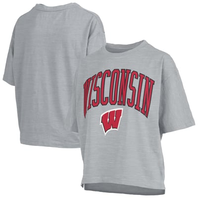 Wisconsin Badgers Pressbox Women's Oversized Nelson Arch Over Logo Slub T-Shirt - Gray