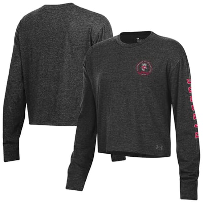  Wisconsin Badgers Under Armour Women's Icon Sleeve Two-Hit Long Sleeve Crop Top - Black