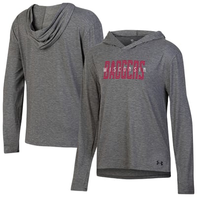  Wisconsin Badgers Under Armour Women's Breezy Long Sleeve Hooded T-Shirt - Heather Black